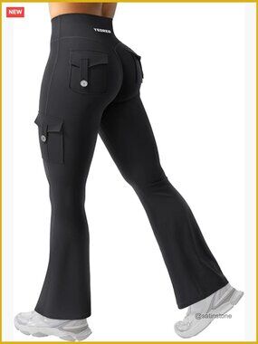 High Waisted Flare Leggings with Pockets Hidden Scrunch No Front Seam